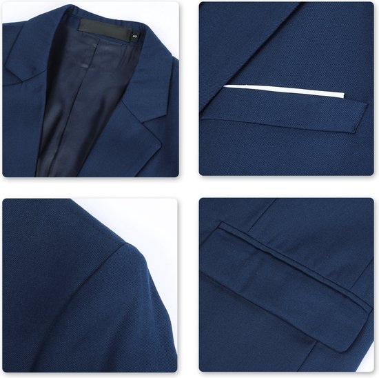 Details van een blauw kostuumjasje: kraag, binnenzak, manchetten en zakken.