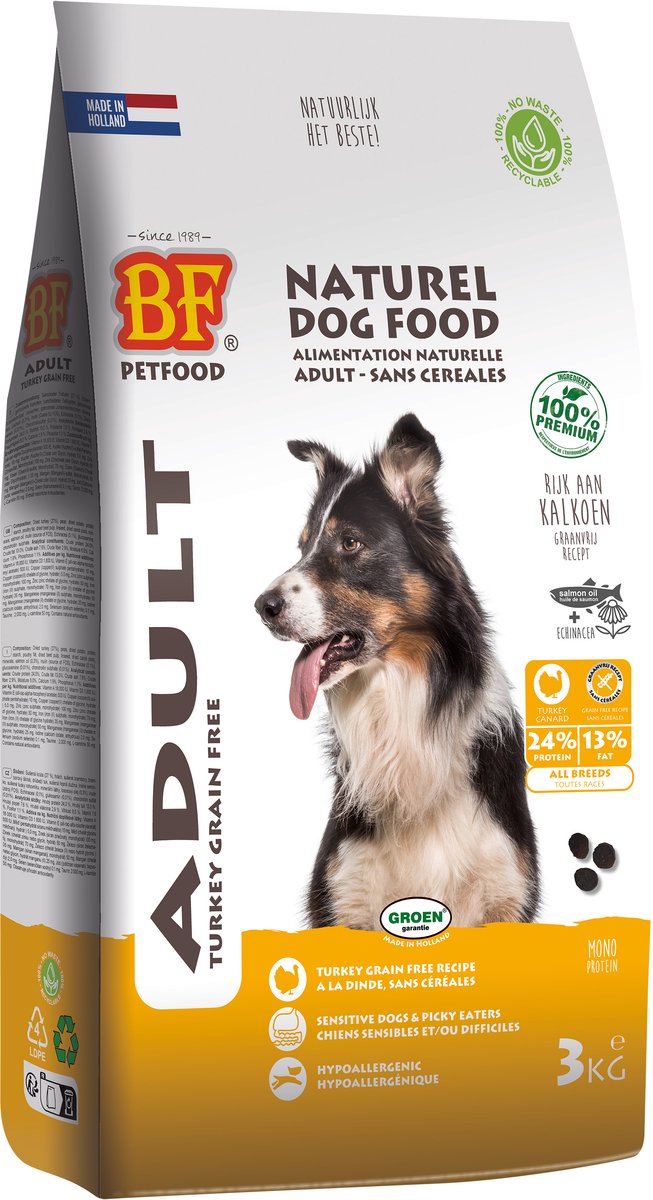 Kalkoen Graanvrij Hondenvoer 3kg - BF Petfood - Licht Verteerbaar, Met Glucosamine en Chondroïtine