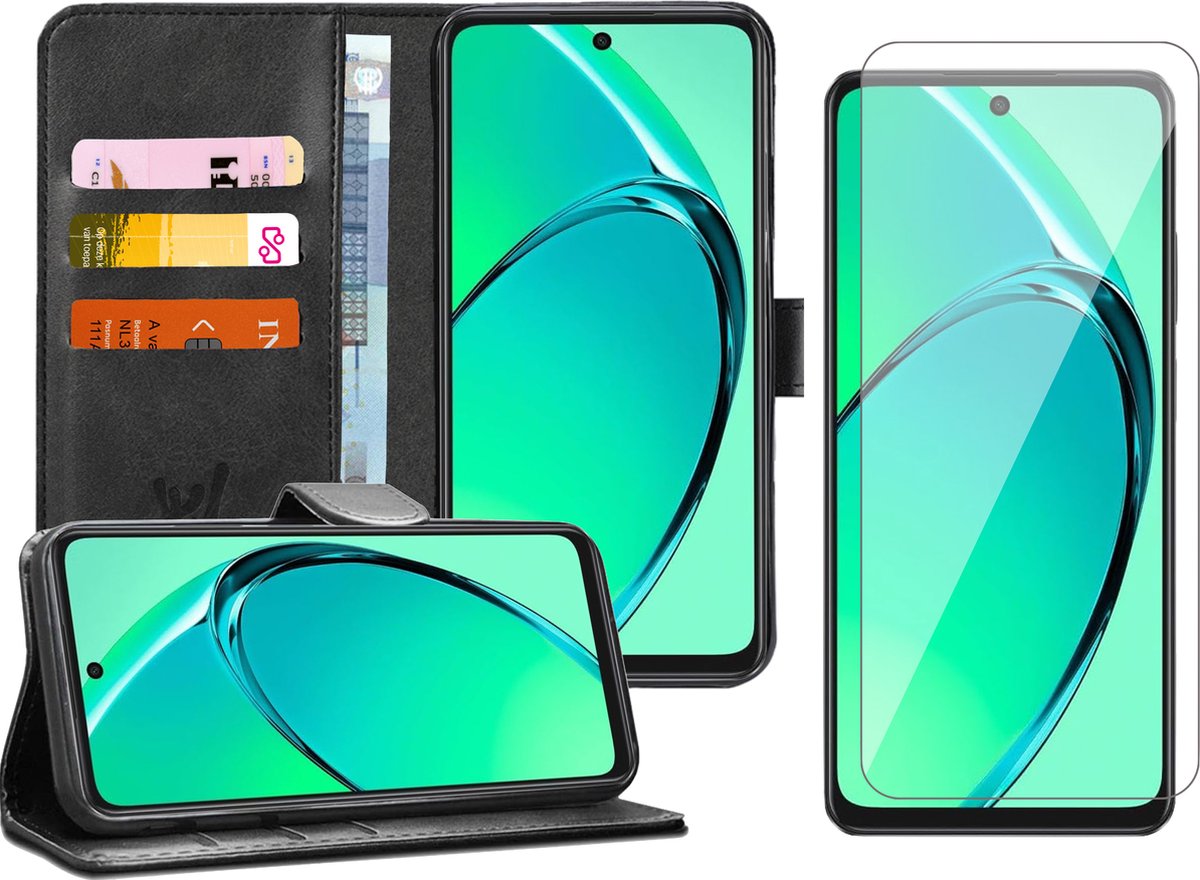 Hoesje geschikt voor Oppo A80 - Screenprotector Glas - Portemonnee Book Case Zwart