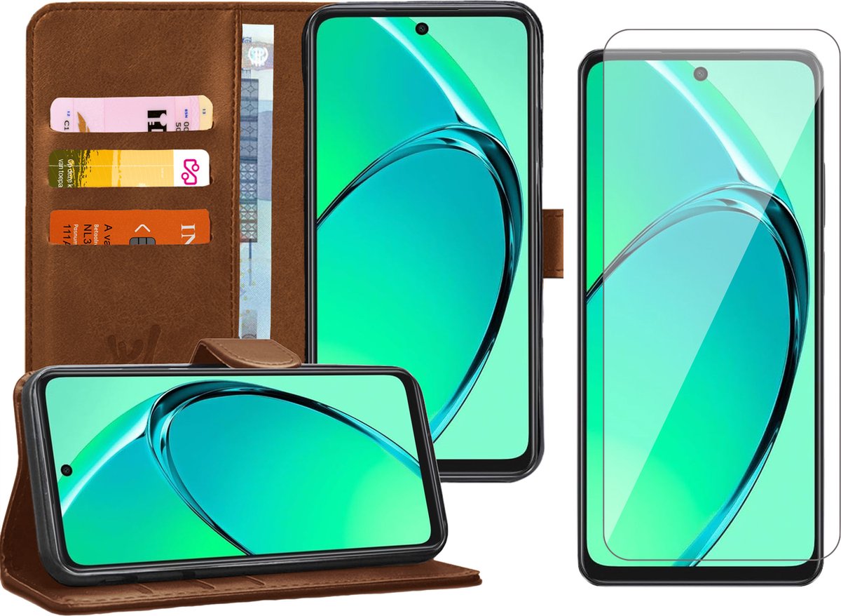 Hoesje geschikt voor Oppo A80 - Screenprotector Glas - Portemonnee Book Case Bruin
