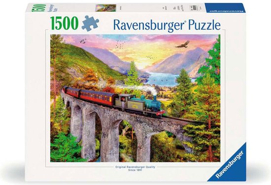Ravensburger puzzel van 1500 stukjes met een trein op een brug, met bergen en een meer.