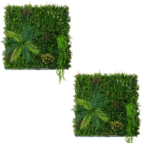 x2 Kunstmatige Planten Wand Panelen 100x100cm Alina Levend Bladeren Groenplant Tegels, Binnen/Buiten, Weer/UV-Bestendig, Kunsthaag, Privacy Achtergrond, Tuin Woondecoratie, Snap & Lock Bevestigings