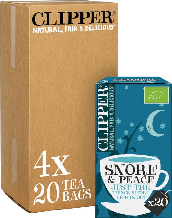 Een grote kartonnen doos met "4 x 20 theezakjes" opdruk, naast een blauw doosje "Clipper Snore & Peace" thee.