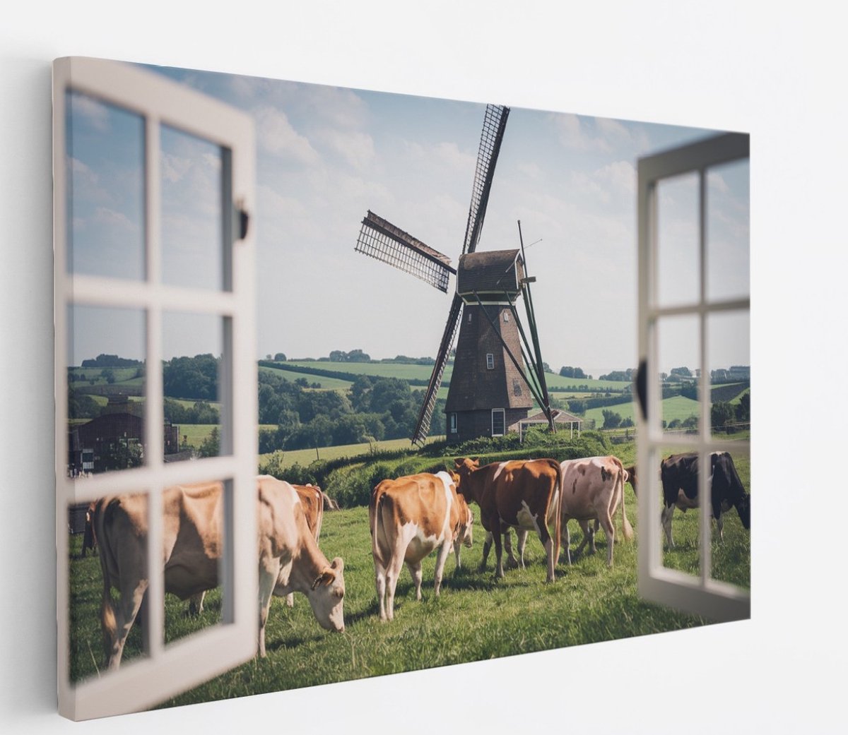 Saammp Canvas Schilderij - koeien in nederland - Natuur - Doorkijk - 45x30 - Foto op canvas - Wanddecoratie - Muurdecoratie Woonkamer - Slaapkamer decoratie - Canvas Print Multicolor