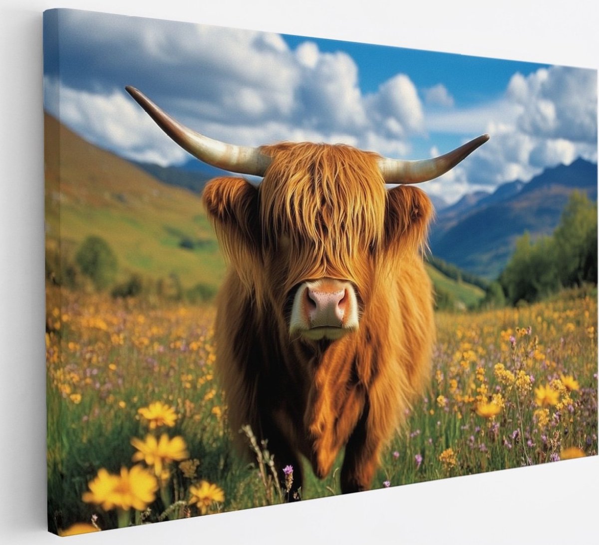 Saammp Canvas Schilderij - Schotse Hooglander Koe Tussen de Bloemen - Landschap - Dieren - Natuur - 30x20 - Foto op canvas - Wanddecoratie - muurdecoratie Woonkamer - Slaapkamer decoratie - Canvas Print Multicolor