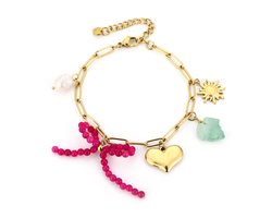 Bedelarmband verschillende bedels - Michelle Bijoux - Stainless Steel - Waterproof bracelet - 16 + 3 cm - Gouden armband - Dames armband - Armband met bedels - Cadeau voor haar - Moederdag - Valentijnscadeau - Tiener ketting - Sinterklaas