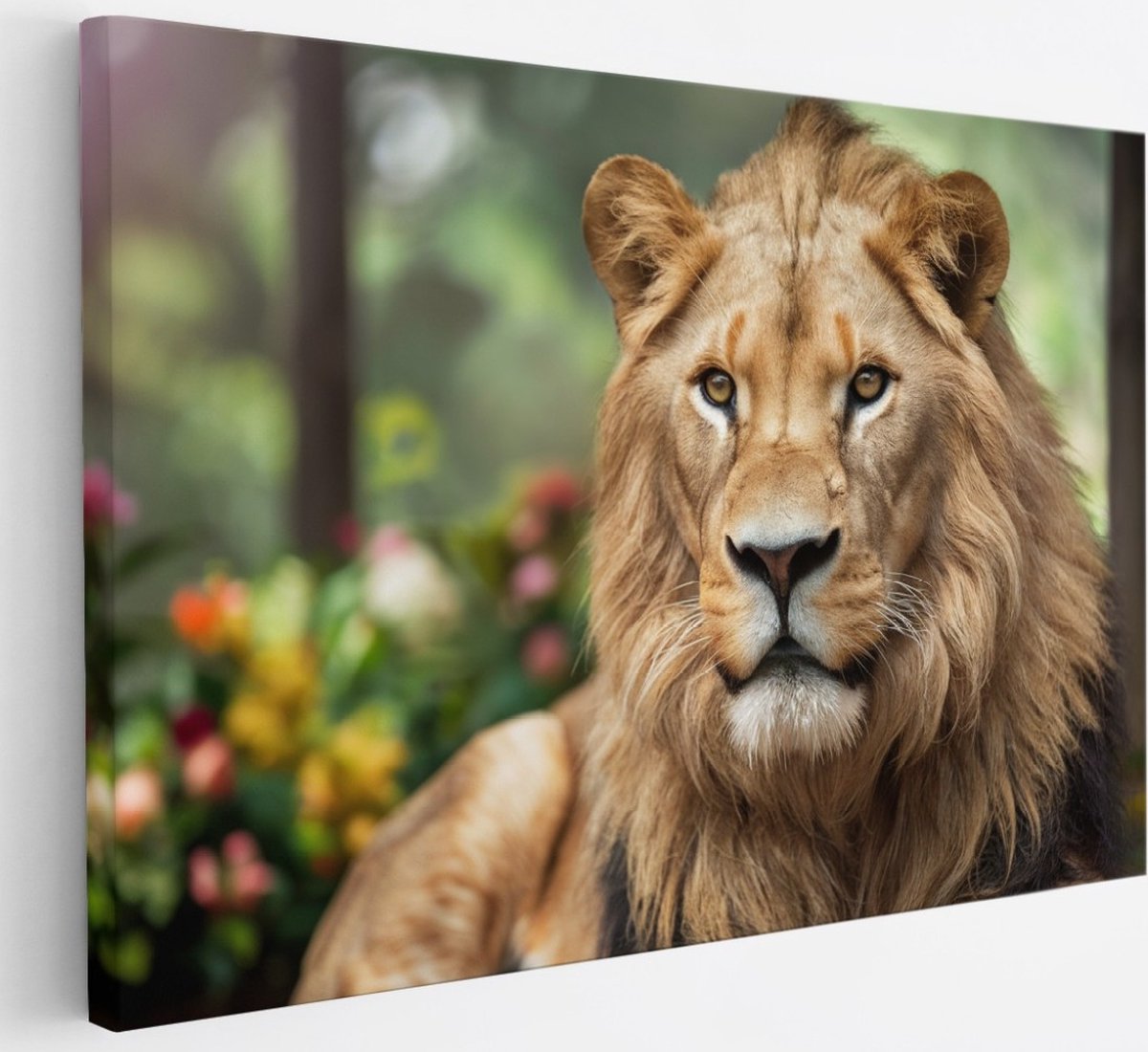 Saammp Canvas Schilderij - Leeuw tussen de bloemen - Dieren - Natuur - 30x20 - Foto op canvas - Wanddecoratie - Muurdecoratie Woonkamer - Slaapkamer decoratie - Canvas Print Multicolor
