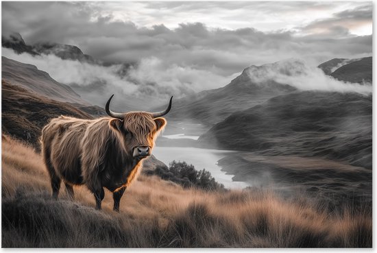 Graphic Message - Peinture sur toile - Highlander écossais marron Grijs - Paysage - Décoration murale campagne - Salon - Nature - Vache - Écosse - Art résistant aux rayures
