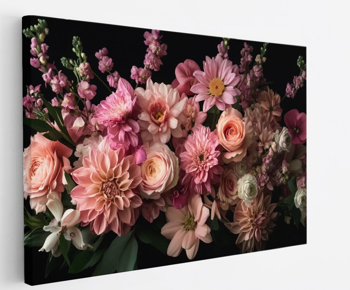 Saammp Canvas Schilderij - Roze Bloemenboeket in Klassieke Stijl - Luxe Cadeau - Foto op canvas - Geschikt voor Slaapkamer en Woonkamer - 120x80 Multicolor