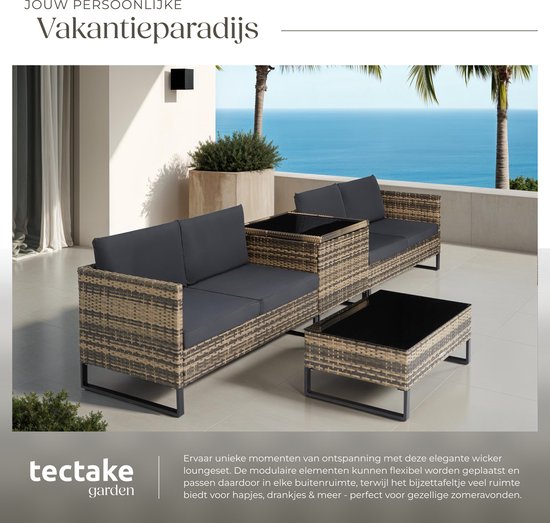 tectake® - Wicker loungezitgroep, tuinmeubelset met bank - Tafel met glazen blad, opbergbox - Weerbestendig - Tuin-, balkon-, terras- of wintertuinmeubels - natuurkleur