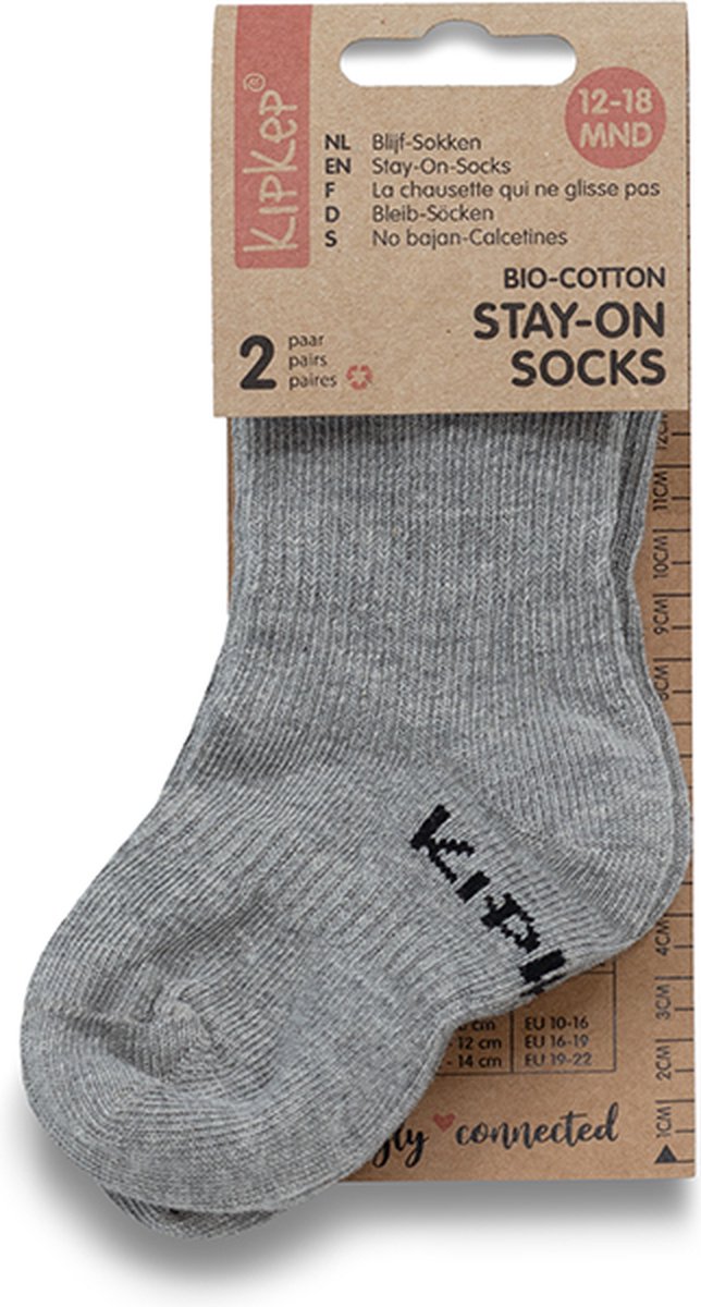 KipKep Blijf-Sokjes - baby sokjes - grijs - Maat 12-18 maanden - 2 paar - zakken niet af - stay-on-socks - biologisch katoen