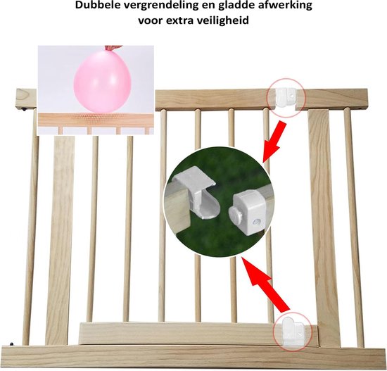 Houten babyhek met dubbele vergrendeling en gladde afwerking, met insert close-up.