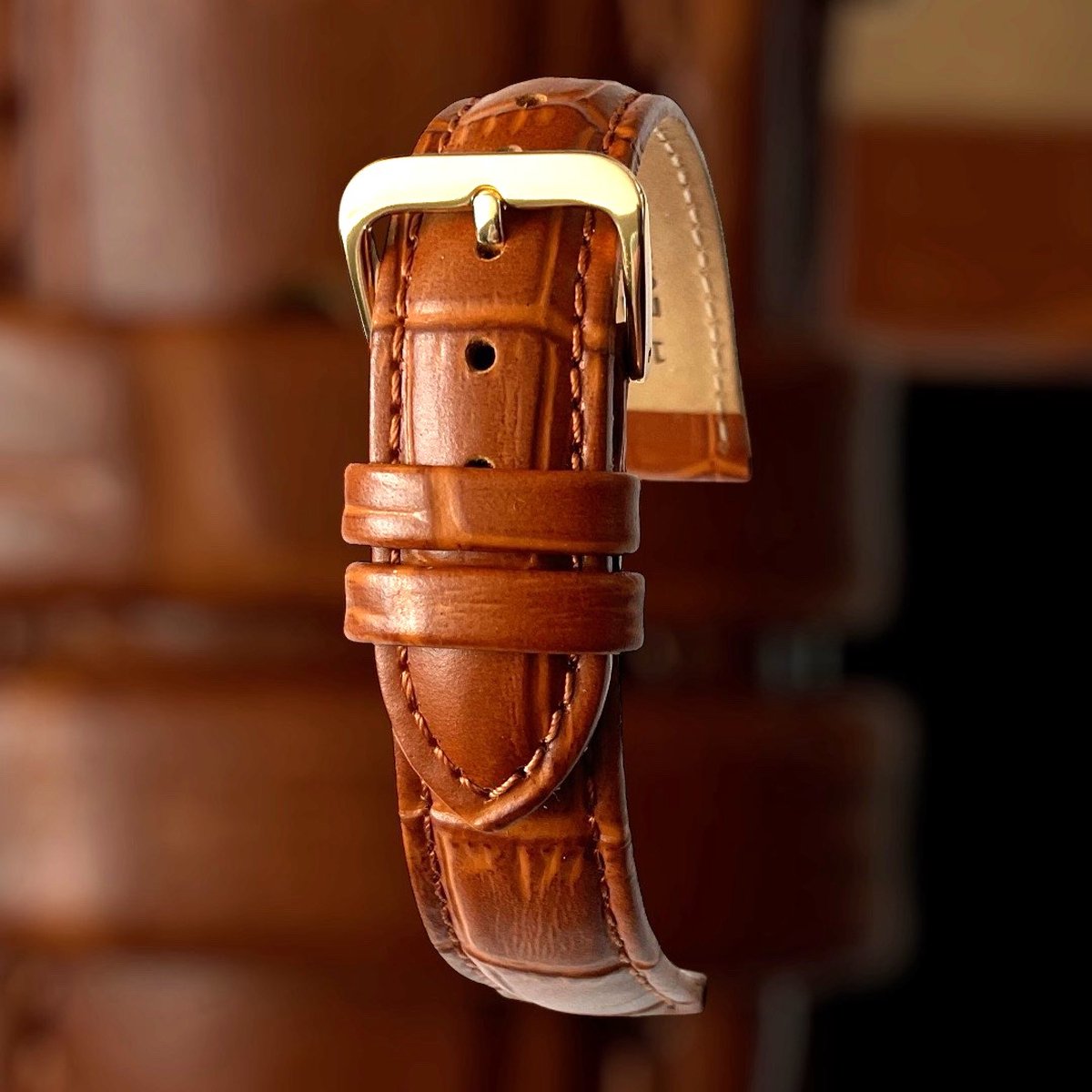 Horlogeband-horlogebandje-14mm-echt leer-bruin-gevuld-croco-zacht-goudkleurige gesp-leer-14 mm