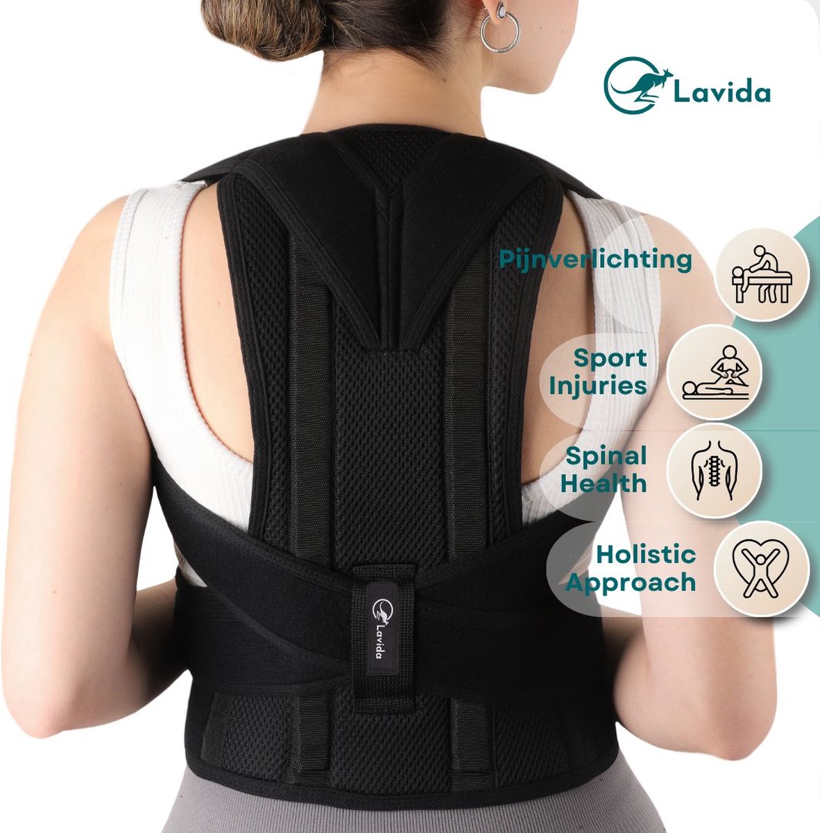 Lavida® Rugbrace - Verstelbare Rugband - Schouders-Nek & Onderrug - Postuur Corrector - Houding Correctie- One Size - Zwart