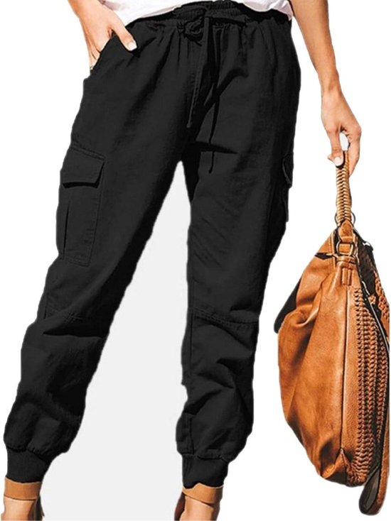 Cargo Broek Multi Zakken - Elegante Loose Fit Dames Broek - Effen Casual Jogging Broek - Sport Werkkleding Wandelbroek - Outdoor Trekking Yoga Broek (L-zwart)