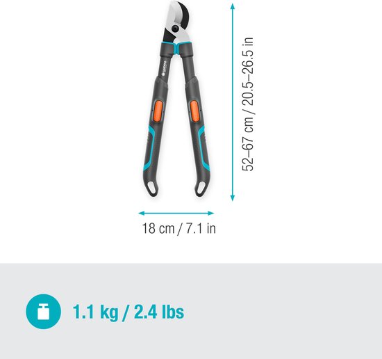 GARDENA Takkenschaar TeleCut Pro S: lengte 52-67cm, breedte 18cm, gewicht 1.1kg.