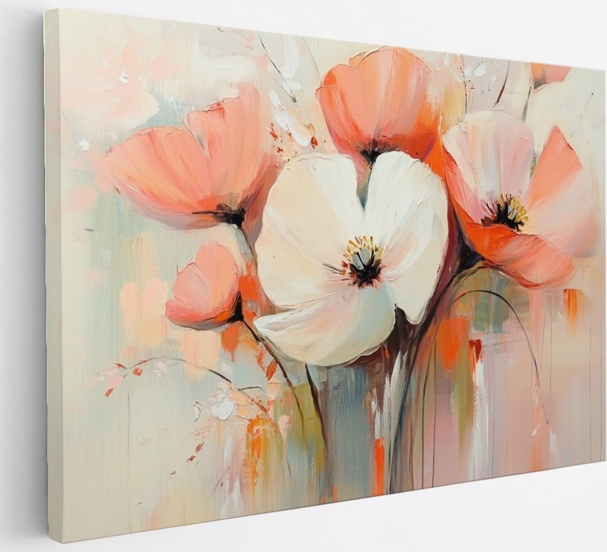 Saammp Canvas Schilderij - Beige Bloemen met oranje en groen - Natuur - Abstract - 30x20 - Foto op canvas - Wanddecoratie - Muurdecoratie Woonkamer - Woonkamer Decoratie Multicolor