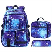 Ultiluxe® Rugzak, lunchtas, etui - Sterren - Blauw/zwart - 3-delige set - Schooltas, rugtas, 15.6 inch laptoptas - Schoolrugzak, koeltas, pennentas - 46 x 31 x 18 cm - Voor jongens en meiden - Waterbestendig - Schoolrugtas