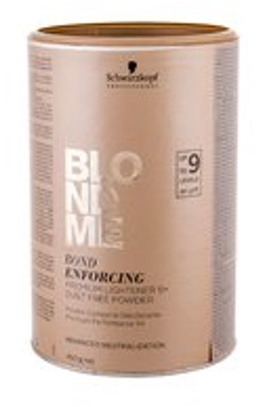 Bruine ronde pot met "Schwarzkopf BlondMe" logo, "BOND ENFORCING PREMIUM LIGHTENER 9+" en "ADVANCED NEUTRALIZATION".