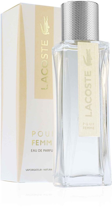 Flesje eau de parfum 'Pour Femme' van Lacoste met zilverkleurige dop en crème label, naast de doos.