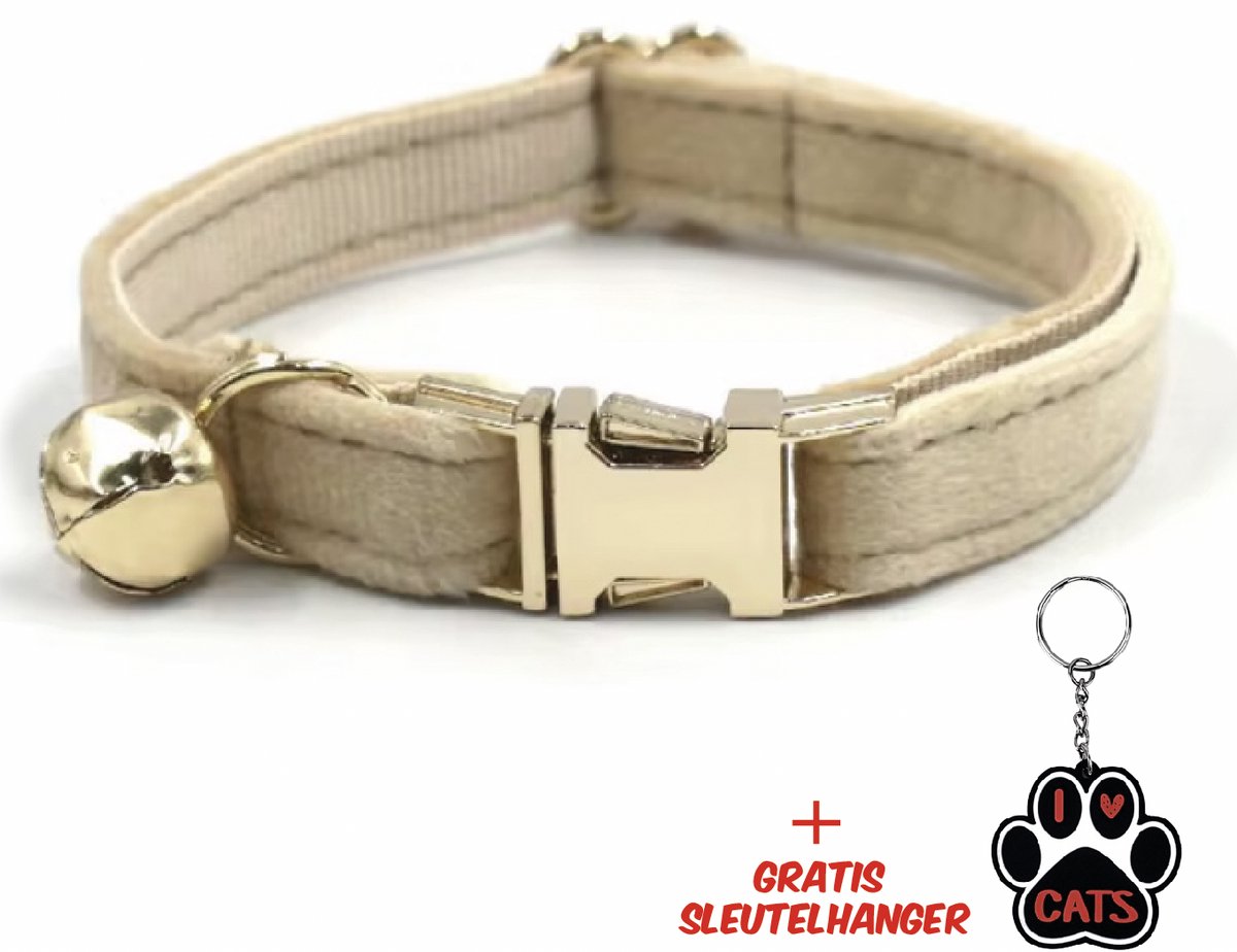 SilverAndCoco® - Beige Katten Halsband met Bel + gratis Sleutelhanger | Velvet Kat Kitten Bandje met belletje | Kattenhalsband Suède Gouden | Kleding Decoratie | Kattenbandje Huisdier - Goud