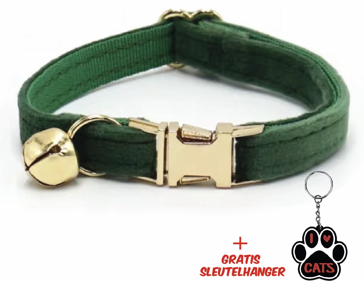 SilverAndCoco® - Donker Groene Katten Halsband met Bel met Gratis Sleutelhanger | Velvet Kat Kitten Bandje met belletje | Kattenhalsband Suède Gouden | Kleding Decoratie | Kattenbandje Huisdier - Groen / Goud