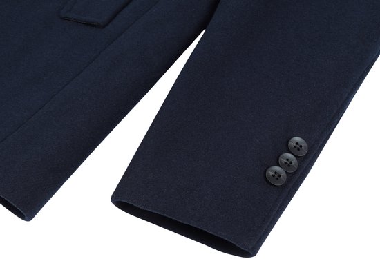 Detail van de manchetten van een donkerblauwe jas met drie zwarte knopen.
