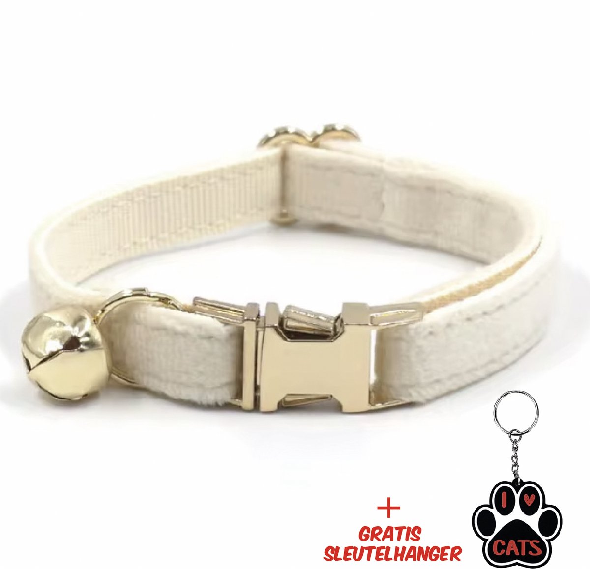 SilverAndCoco® - Witte Katten Halsband met Bel met Gratis Sleutelhanger | Velvet Kat Kitten Bandje met belletje | Kattenhalsband Suède Gouden | Kleding Decoratie | Kattenbandje Huisdier - Gebroken Wit / Goud
