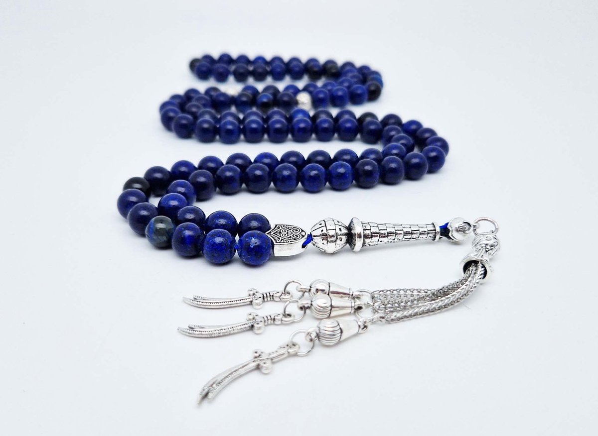 Handgemaakte tesbih "Tasbih" natuursteen " Azuur" - Aantal kralen 99 - Diameter kralen 8MM - met metaal tassel "Zwaarden" - Een mooi cadeau-idee