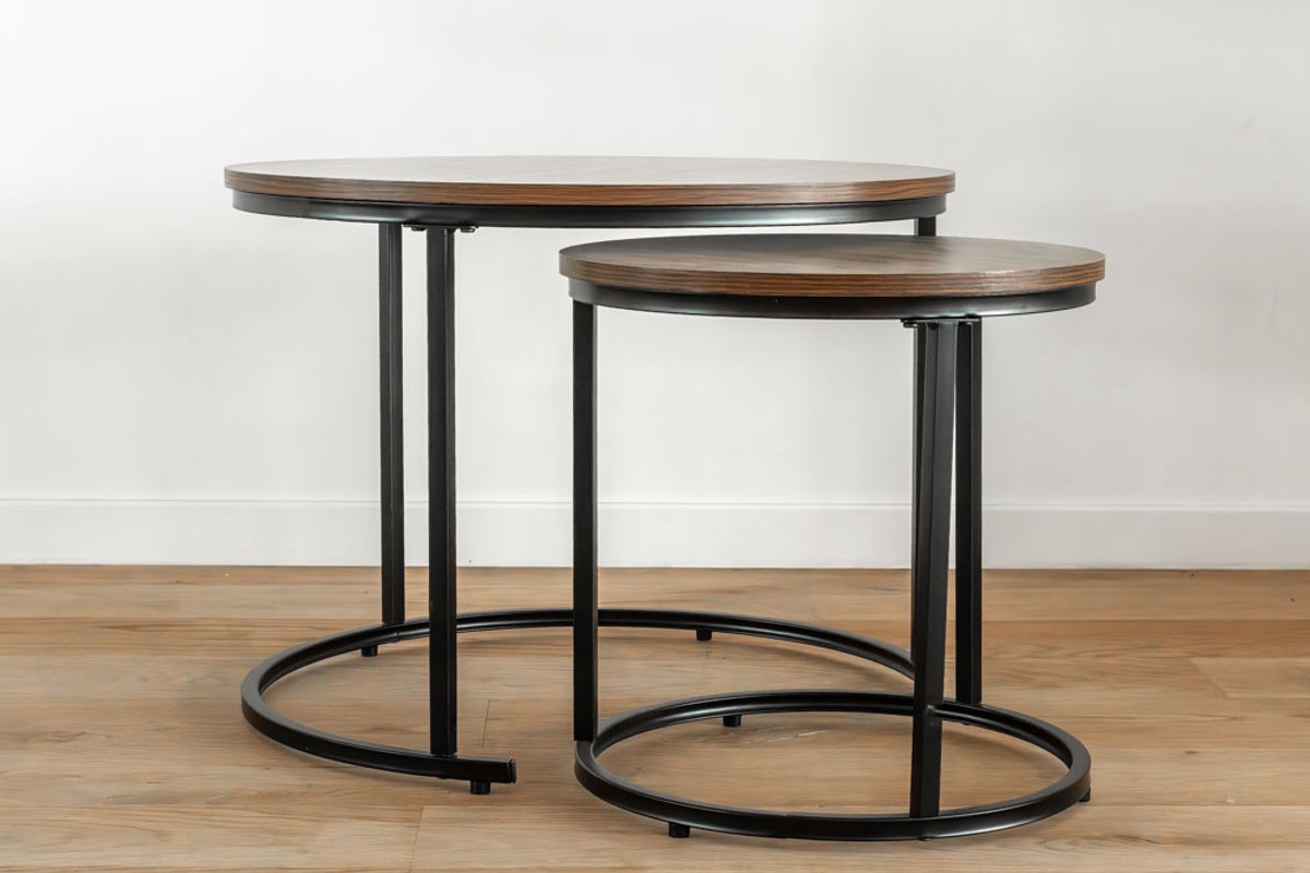 VLHOME Set van 2 lichte moderne stijl home meubels houten bijzettafel 60 x 45H , 40 x 40H Bruin hout, zwart been