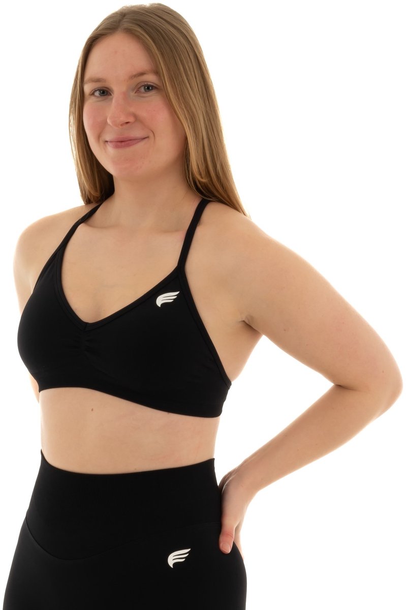 Dames sportbeha medium support – verstelbare bandjes met rugdetail – ademend & sneldrogend – sport bh geschikt voor yoga en fitness – DM Training Pulse Bra (zwart)