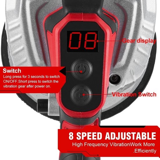 Porte-carreaux électrique 200 kg – Puissance 3 500 W – 2 batteries – 8 vitesses – Vibrations 72 000 tr/min – Poignée ergonomique – Longue durée de vie de la batterie – Rapide et précis – Pose de carrelage sans effort