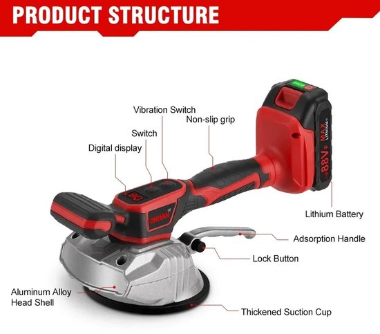 Porte-carreaux électrique 200 kg – Puissance 3 500 W – 2 batteries – 8 vitesses – Vibrations 72 000 tr/min – Poignée ergonomique – Longue durée de vie de la batterie – Rapide et précis – Pose de carrelage sans effort