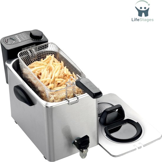 Mini-friteuse van roestvrij staal, kleine oliebesparende friteuse met zeef, schuimfilter, diepe olie friteuse met mand, mini-friteuse voor het frituren van kippenpoten, friet
