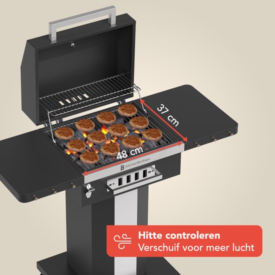 KitchenBrothers Houtskool BBQ - Barbecue Staande Grill - met Wielen - RVS Grillrooster - Houtskool Barbecue met Deksel - Zwart van KitchenBrothers — afbeelding 4