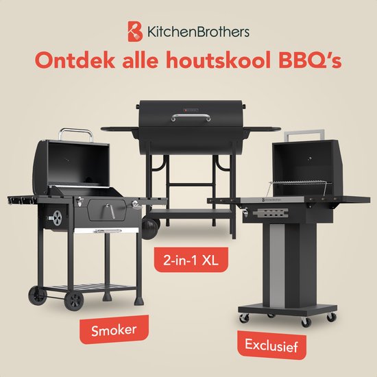 Drie zwarte houtskool BBQ's: smoker, 2-in-1 XL, en exclusief design. KitchenBrothers.