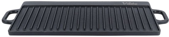 Zwarte gietijzeren grillplaat met verticale ribbels en handvatten, merk Vilde.