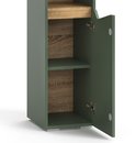 Zij-aanzicht van een groene badkamerkast met open deur, waarin houten planken en zicht op de scharnieren.