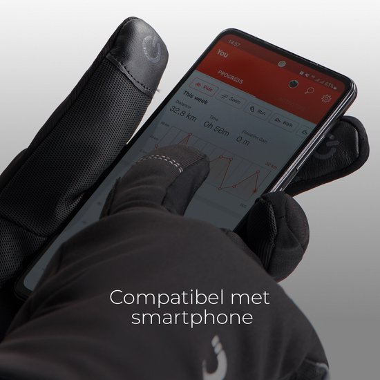 Vinger van handschoen met 'G' logo raakt smartphone scherm aan. Tekst: 'Compatibel met smartphone'.