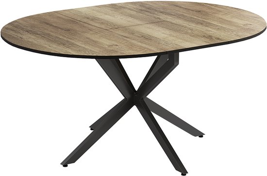 Ovale eettafel met blad in eiken rustiek en een zwart kruisvormig onderstel, op witte achtergrond.
