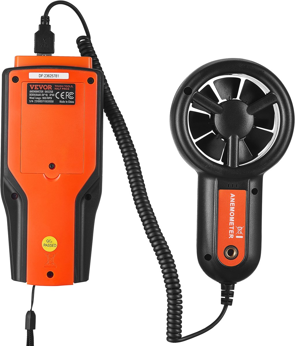 VEVOR 4-In-1 Anemometer 100,8mph Luchtsnelheidsmeter 168x75x36mm Anemometer Ip44 Windmeter Windsterktemeter Max/Min/Avg/Cu Windsnelheid Gegevenssnelheidsmeter