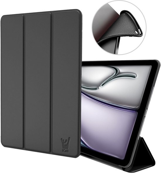 Zwarte drievoudige iPad hoes met een uitklapbare standaard.