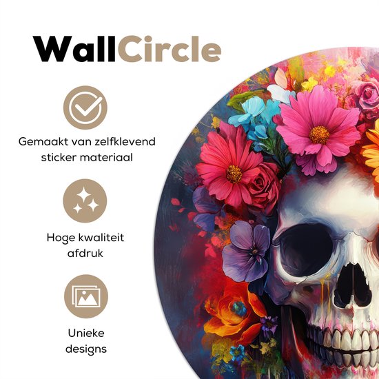 WallCircle® - Behangcirkel 100x100 cm - Muurstickers Schedel - Bloemen - Doodshoofd - Kleurrijk - Muurcirkel woonkamer - Wandcirkel slaapkamer - Kamer decoratie zelfklevend - Muurdecoratie accessoires XXL