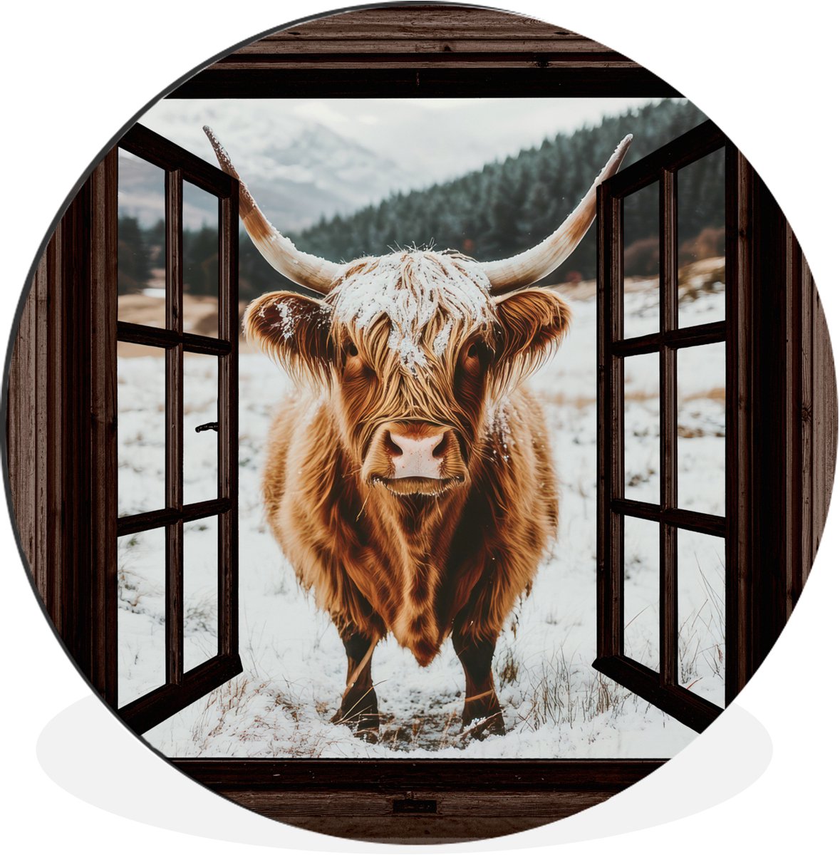 WallCircle Wandcirkel - Muurcirkel - Schotse Hooglander - Landschap - Landelijk - Bergen - Winter - Doorkijk - Donker - Aluminium - Dibond - 140x140 cm - Binnen en Buiten