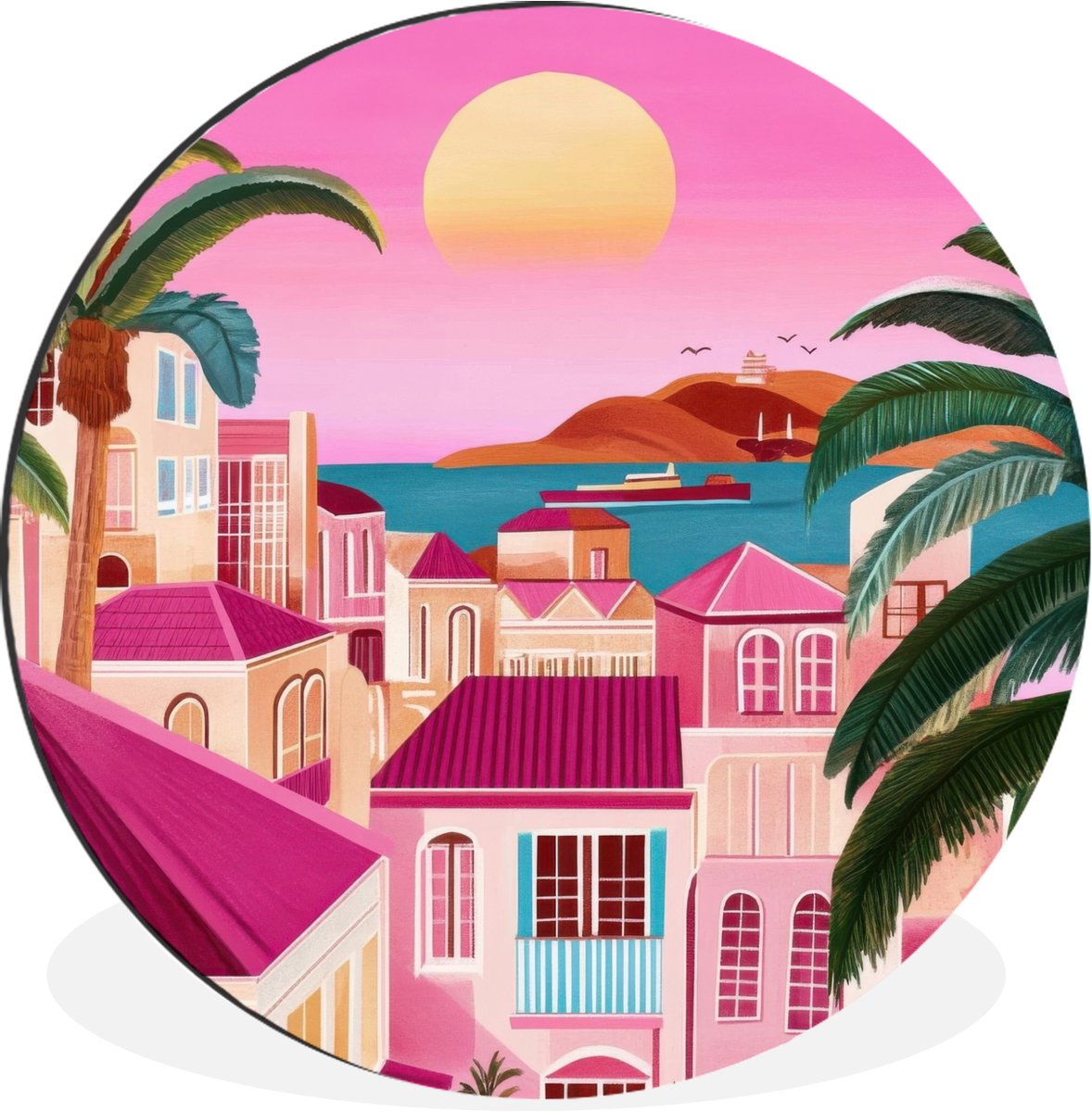 WallCircle Wandcirkel - Muurcirkel - Stad - Roze - Palmbomen - Aluminium - Dibond - 140x140 cm - Binnen en Buiten Stad - Zonsondergang