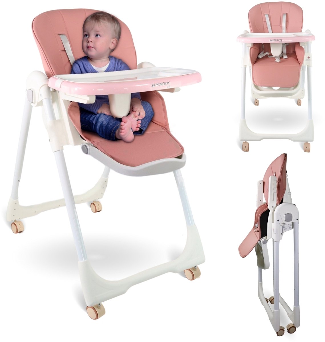 Mobiclinic Simba Inklapbare Eetstoel - Verstelbaar Baby Eetstoel - Kinderstoel met wielen - In hoogte verstelbaar - Verwijderbaar blad - Steunharnas - 5-puntsgordel - Wielen met rem - Wasbare en afneembare stof - Kinderzitje