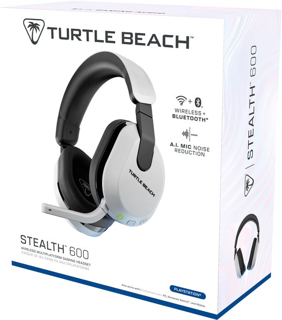 Doos van de witte Turtle Beach Stealth 600 gaming headset, met productafbeeldingen en logo.
