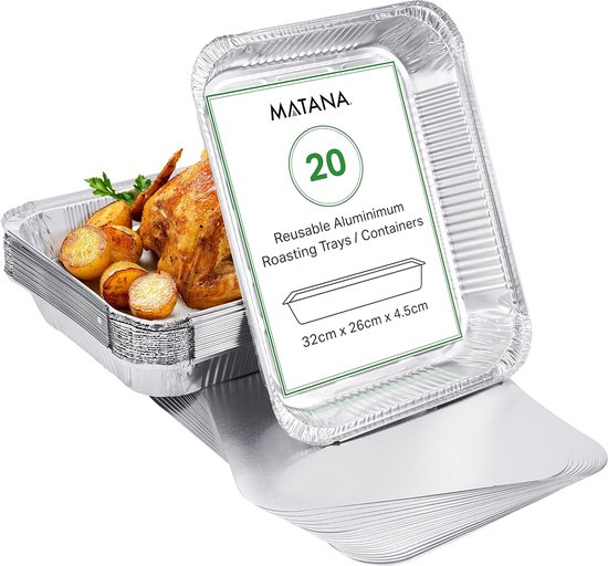 Matana – 20 Aluminium Bakjes met Deksel, 32x26x4,5cm – Ovenbestendig – Wegwerp – Voor BBQ, Bakken & Catering