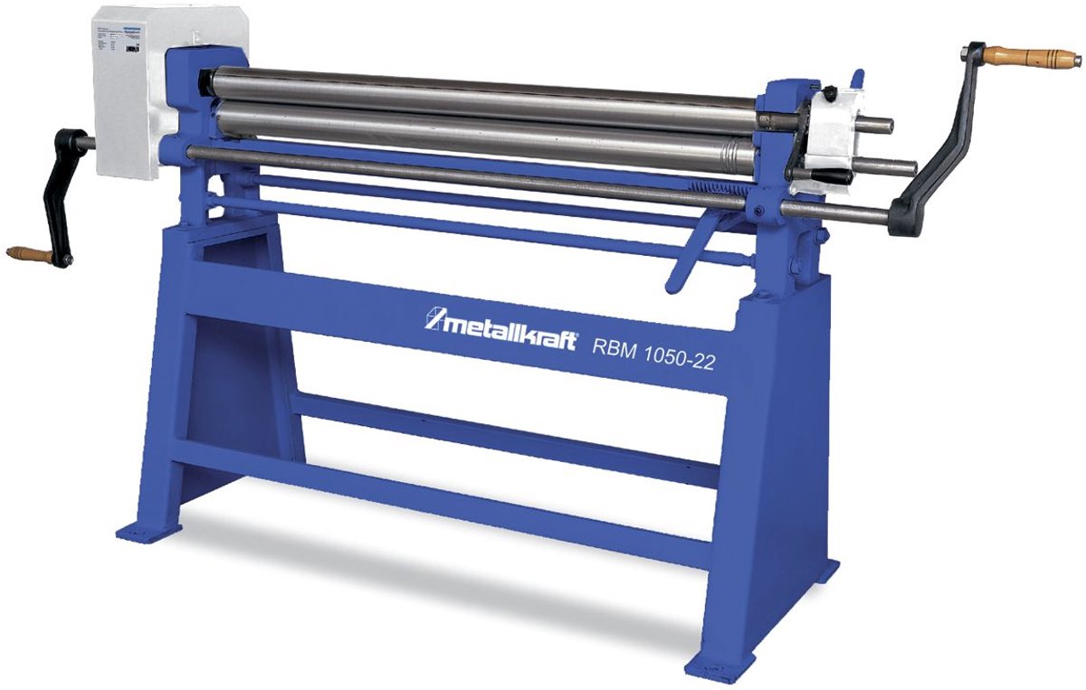 Manuele plaatwals 3 rollen asymmetrisch werkbreedte 1050 mm plaatdiktes tot 2 mm in staal Metallkraft RBM1050-22