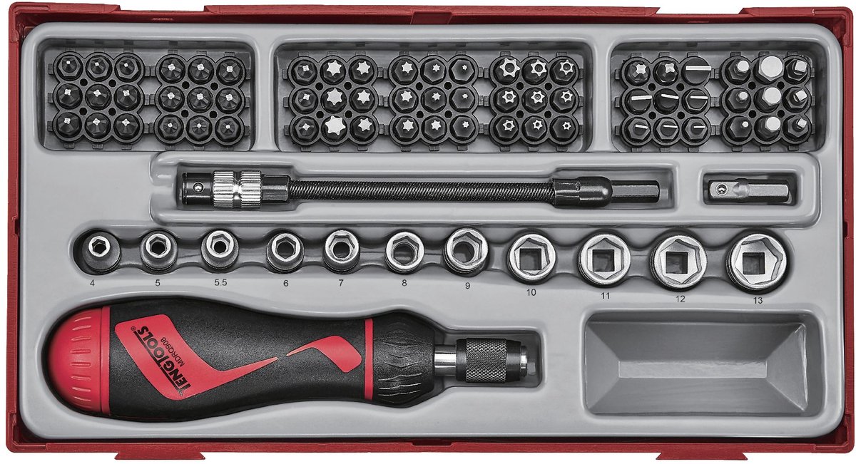 Bitsen- en doppenset met ratelschroevendraaier TT1 tray 1/4 PH- PZ- Plat- TX-- TPX- HEX- ROB- gr 84 delig Teng Tools TTMDR84